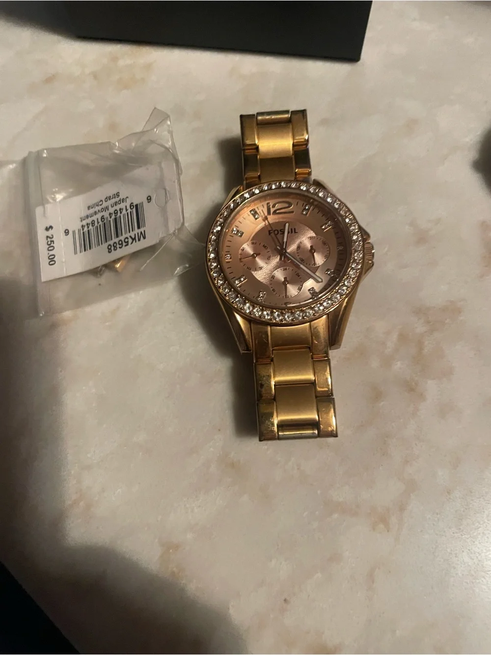 Fossil Tortoiseshell Link Watch with Rose Dial and Gold Crystal Bezel